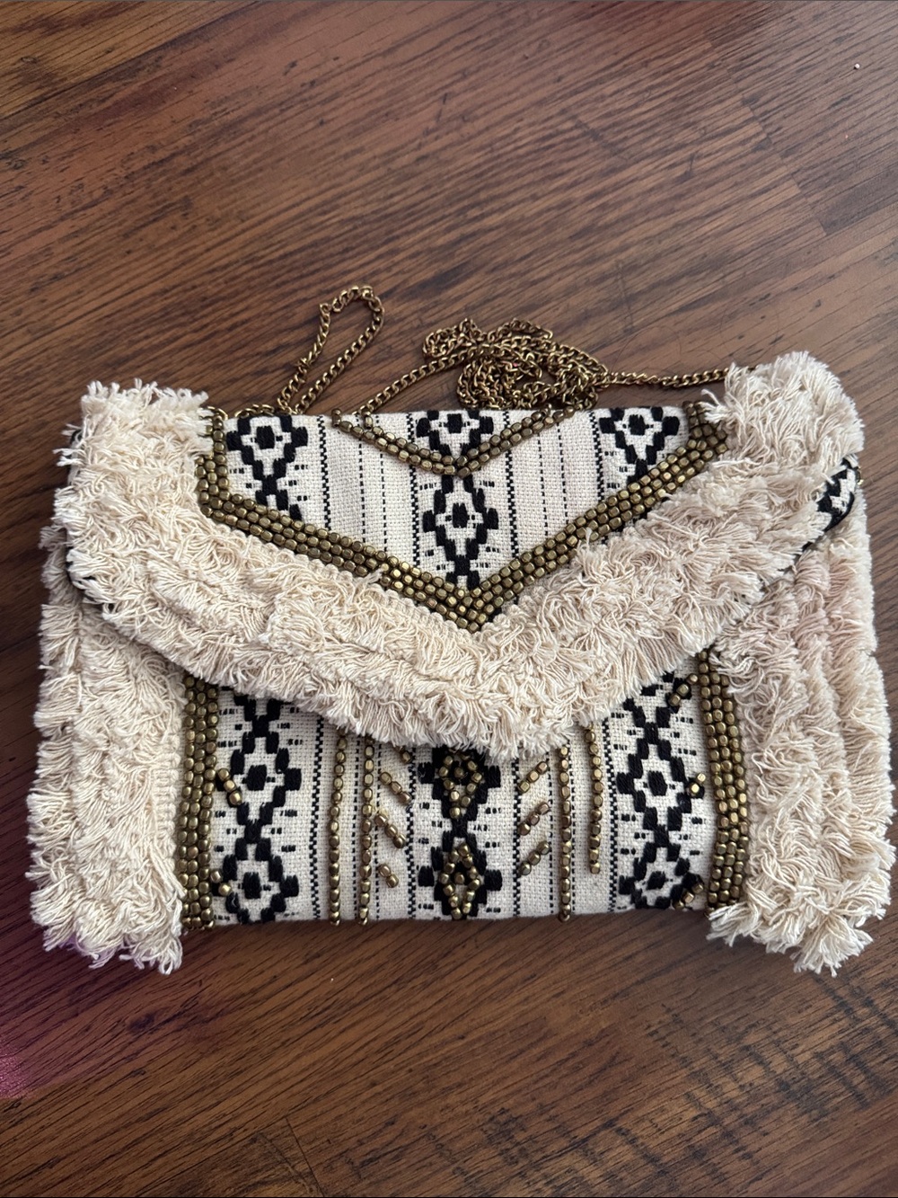 Boho Fringe Beaded Crossbody Bag in Cream and Black 38.B1